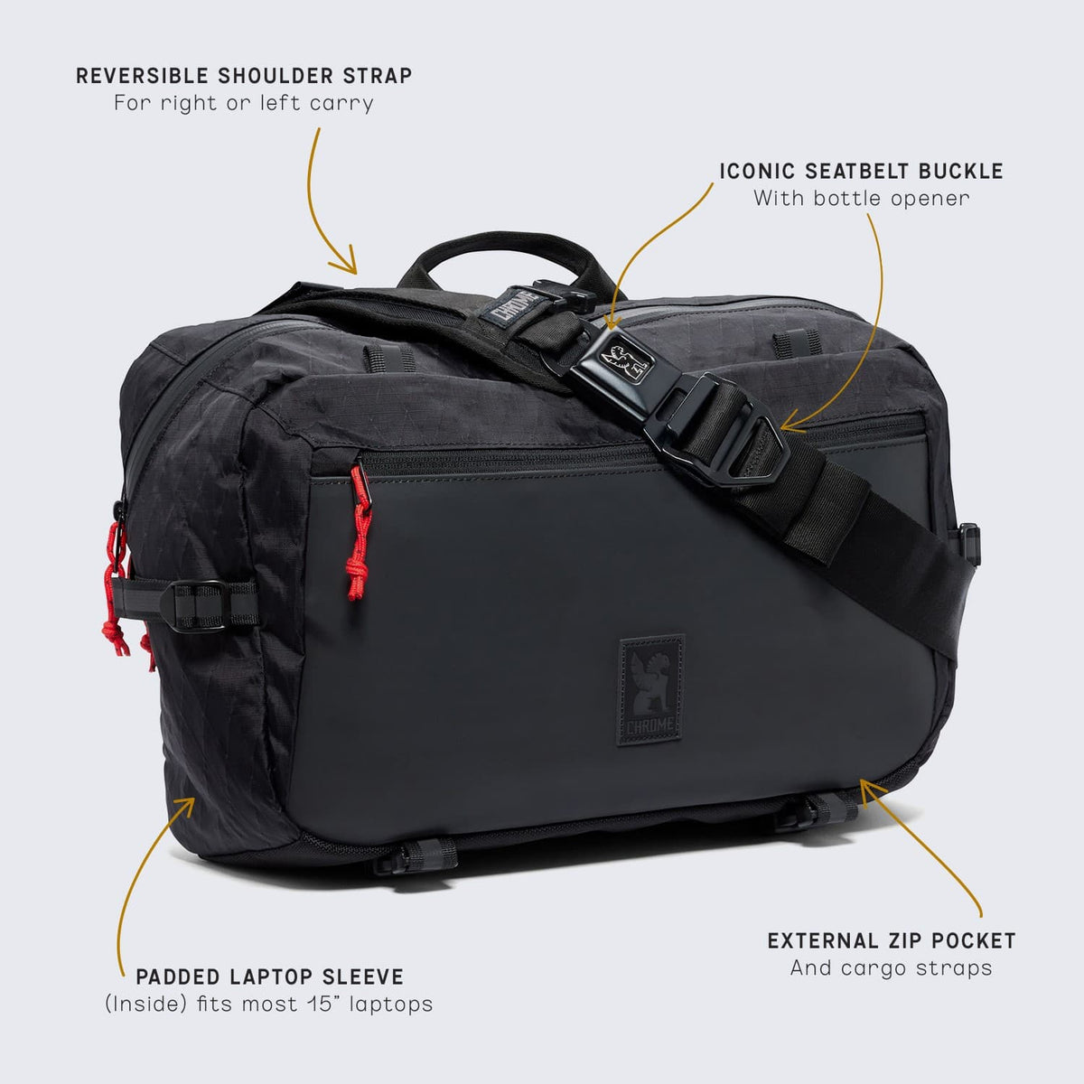 Chrome Industries Kadet Max Sling Bag 15L in Black — detail view