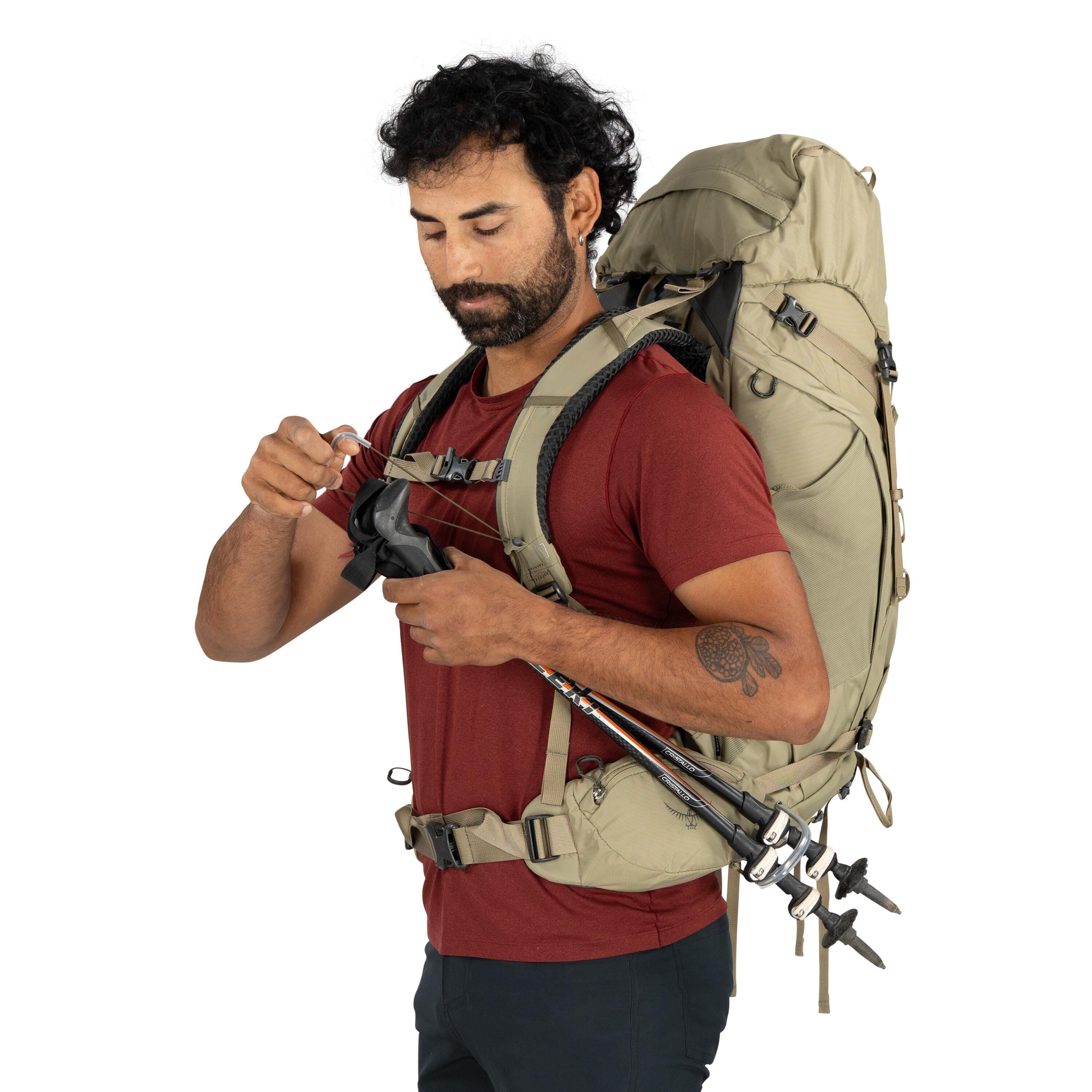 Osprey Kestrel 48 Backpacking Pack 48L in Olive Tan — detail view