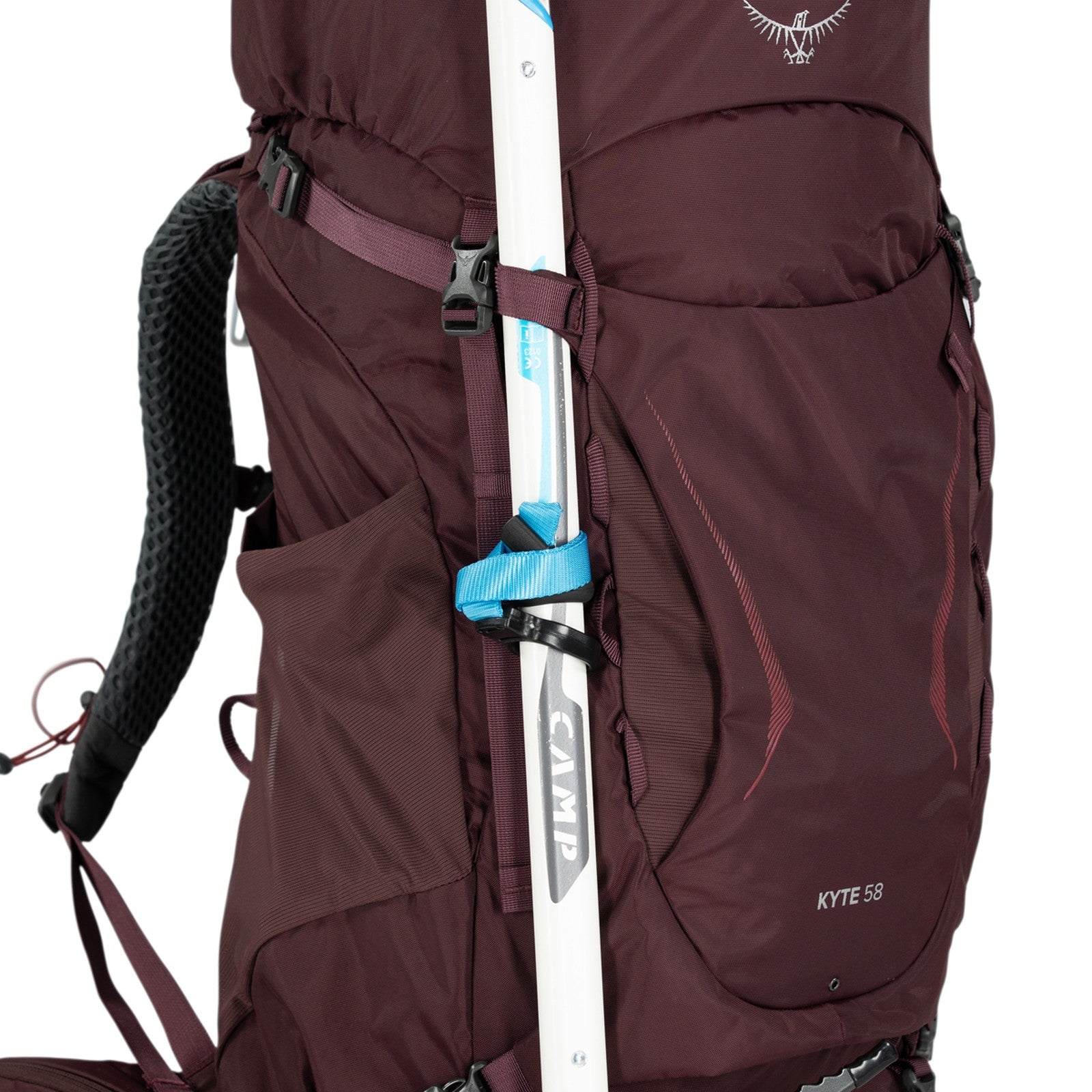 Osprey Kyte 58 Women's Backpacking Pack 58L in Elderberry Purple — detail view