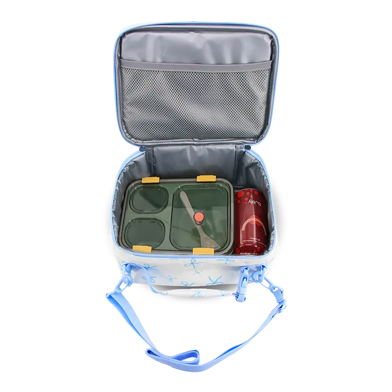 J World Cody Lunch Bag With Shoulder Strap in Blue Bows — interior view 2 # color_Blue Bows