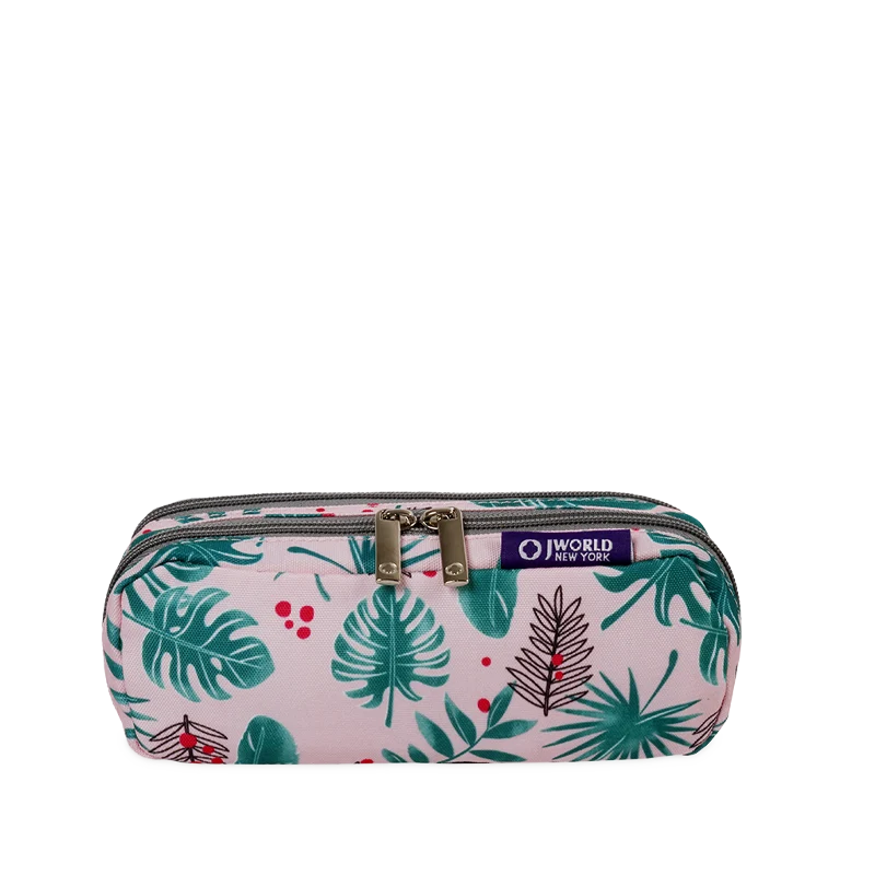 J World Jojo Double Compartment Pencil Case in Palm Leaves — angle view 2 # color_Palm Leaves