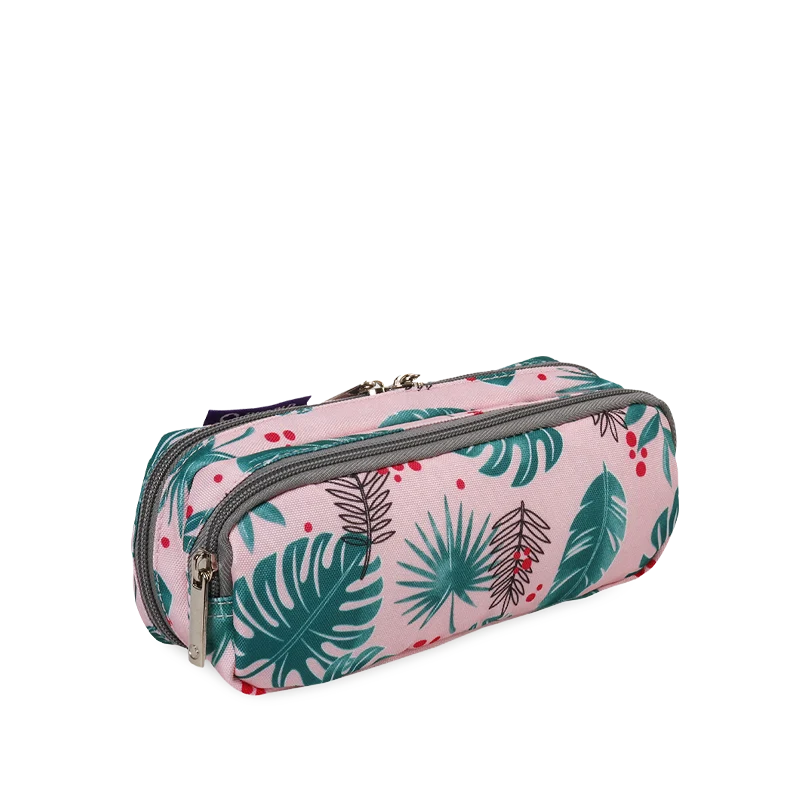 J World Jojo Double Compartment Pencil Case in Palm Leaves — front view # color_Palm Leaves