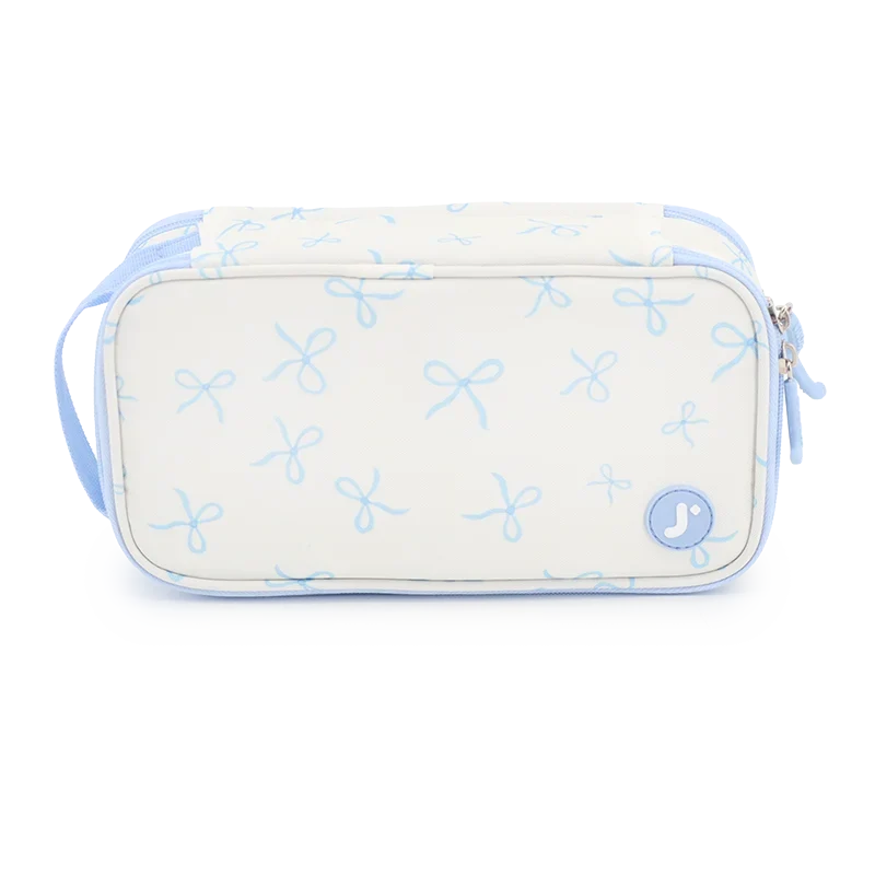 J World Doodle Pencil Case with Handle Strap in Blue Bows — front view # color_Blue Bows