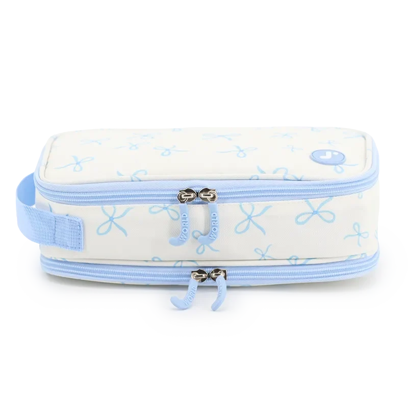 J World Doodle Pencil Case with Handle Strap in Blue Bows — front view 2 # color_Blue Bows