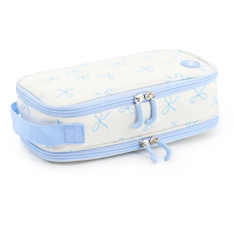 J World Doodle Pencil Case with Handle Strap in Blue Bows — angle view 2 # color_Blue Bows