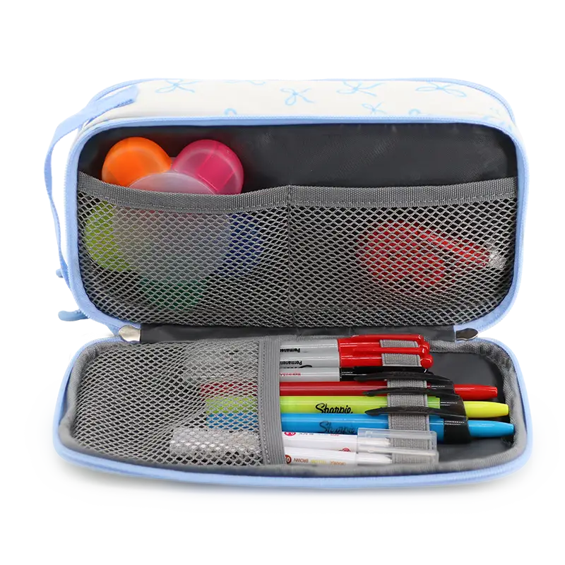 J World Doodle Pencil Case with Handle Strap in Blue Bows — interior view 3 # color_Blue Bows