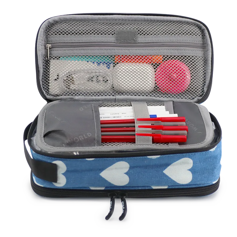 J World Doodle Pencil Case with Handle Strap in Denim Heart — interior view # color_Denim Heart