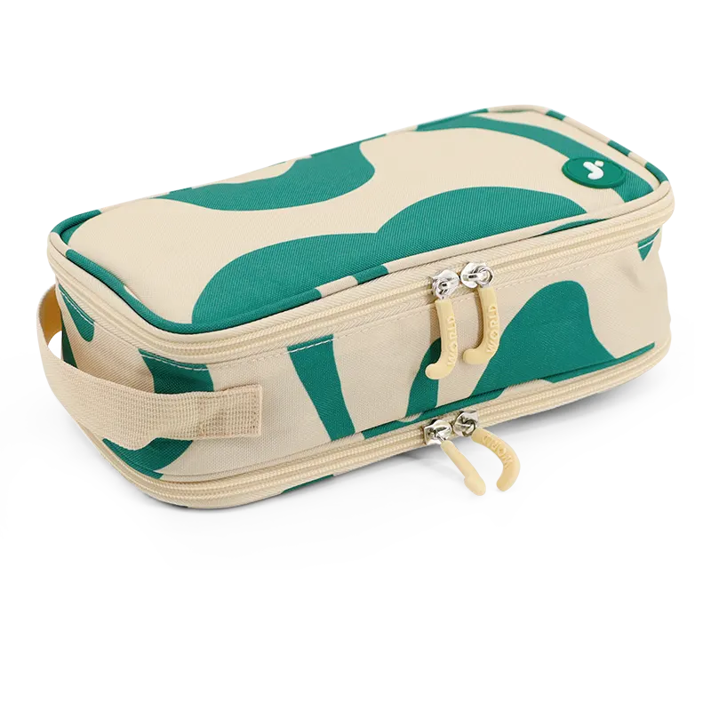 J World Doodle Pencil Case with Handle Strap in Green Swirl — angle view 2 # color_Green Swirl