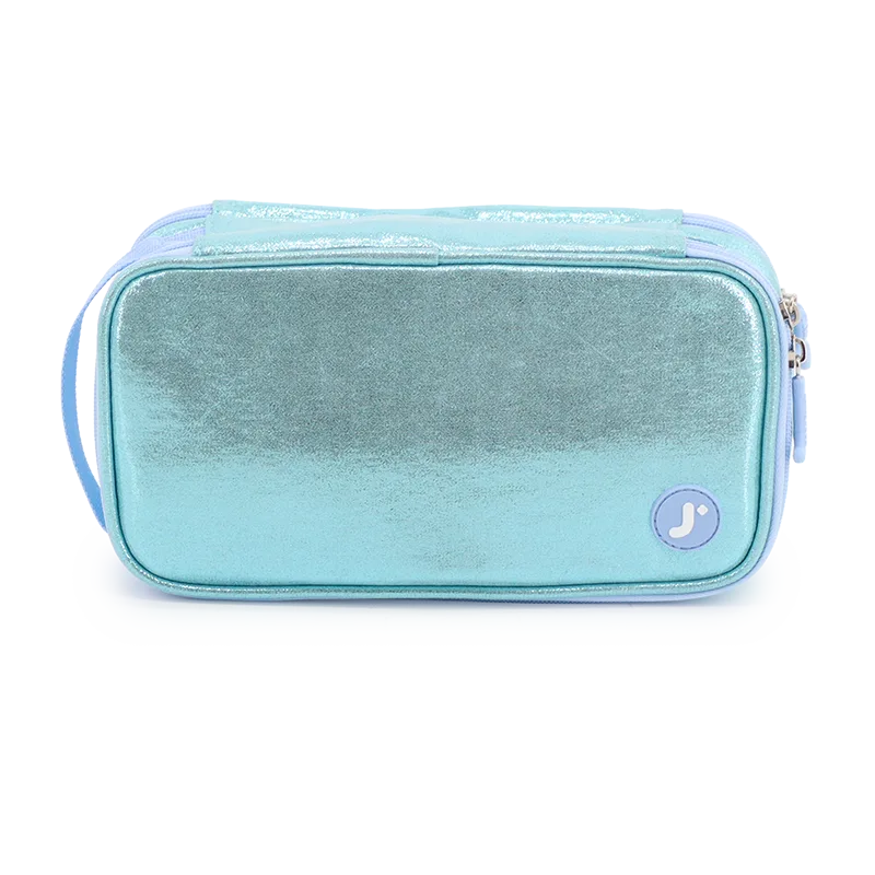 J World Doodle Pencil Case with Handle Strap in Metallic Teal — front view # color_Metallic Teal
