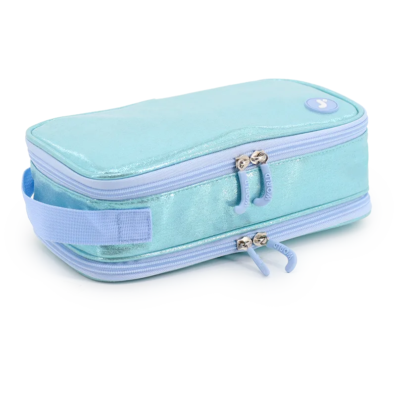 J World Doodle Pencil Case with Handle Strap in Metallic Teal — angle view 2 # color_Metallic Teal