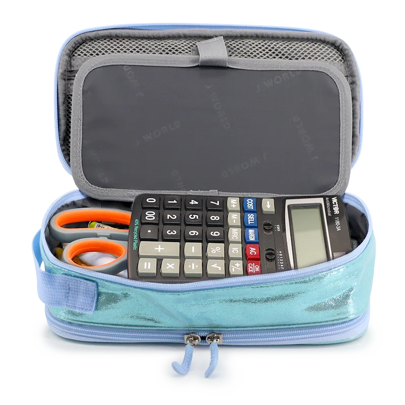 J World Doodle Pencil Case with Handle Strap in Metallic Teal — interior view 2 # color_Metallic Teal