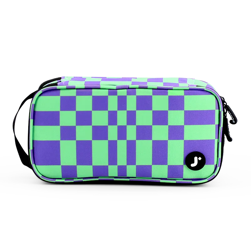 J World Doodle Pencil Case with Handle Strap in Pixel Checkers — front view # color_Pixel Checkers