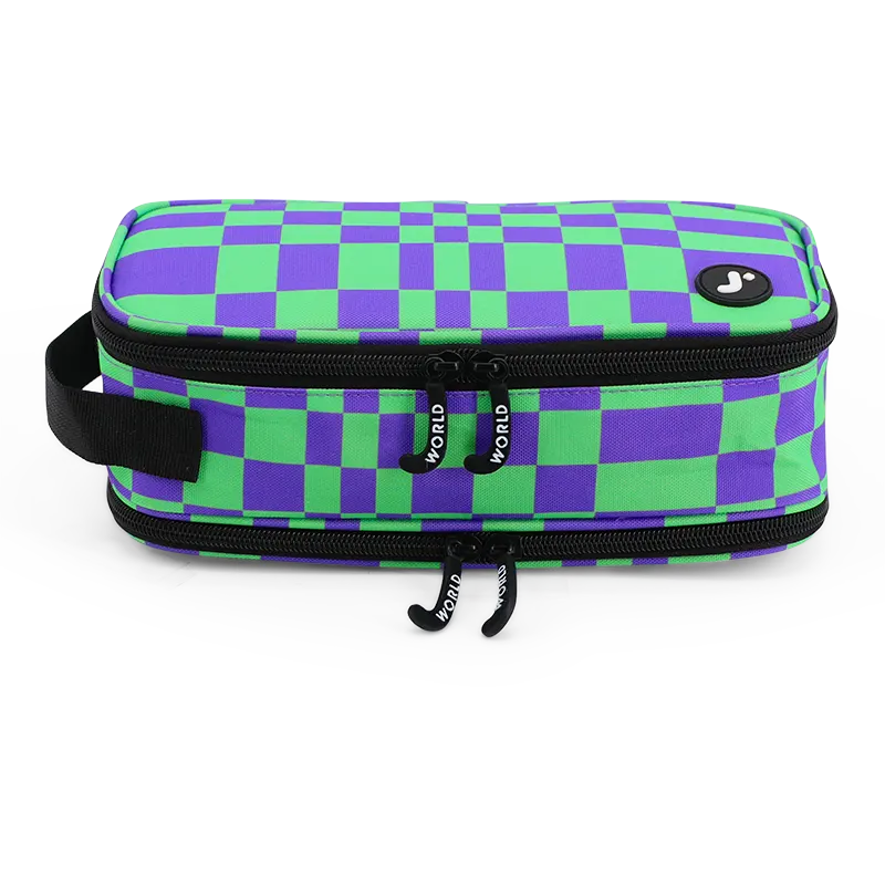 J World Doodle Pencil Case with Handle Strap in Pixel Checkers — front view 2 # color_Pixel Checkers