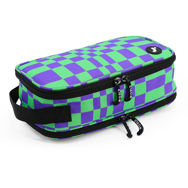 J World Doodle Pencil Case with Handle Strap in Pixel Checkers — angle view 2 # color_Pixel Checkers