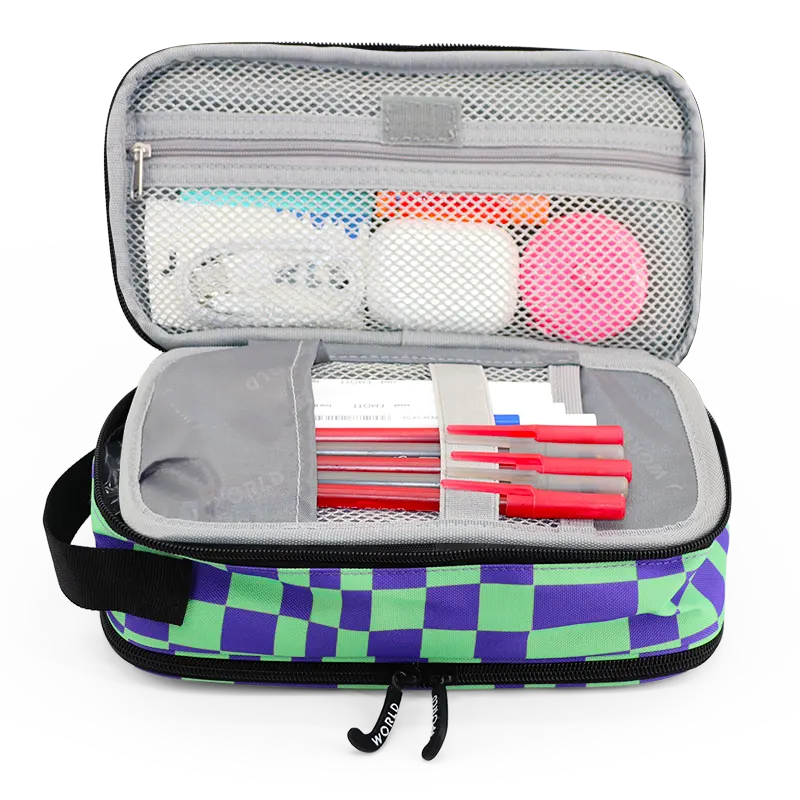 J World Doodle Pencil Case with Handle Strap in Pixel Checkers — interior view # color_Pixel Checkers