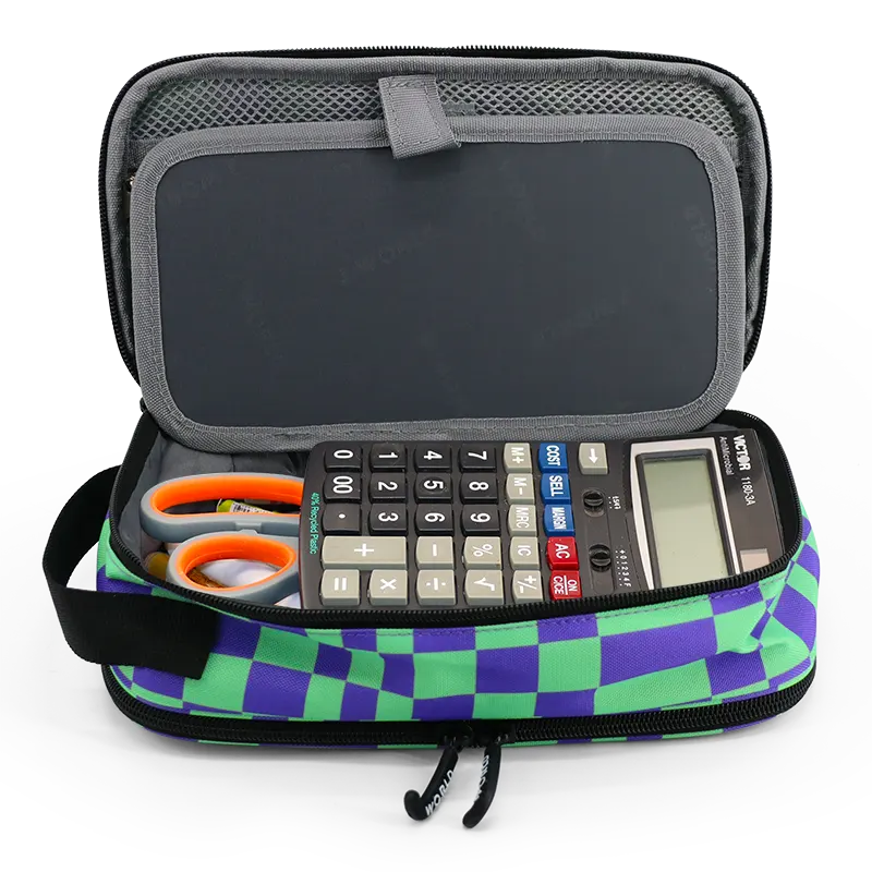 J World Doodle Pencil Case with Handle Strap in Pixel Checkers — interior view 2 # color_Pixel Checkers