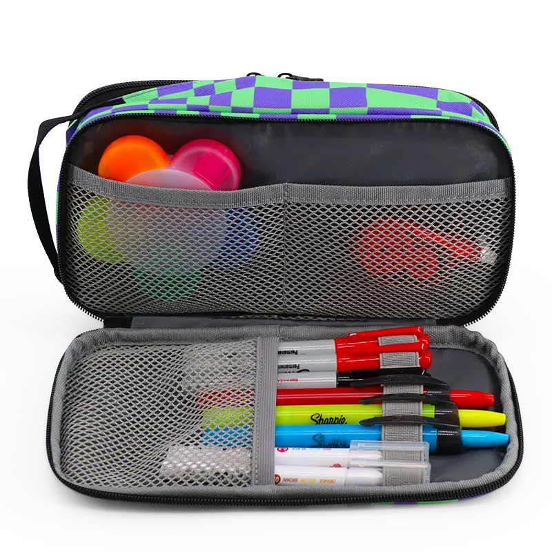 J World Doodle Pencil Case with Handle Strap in Pixel Checkers — interior view 3 # color_Pixel Checkers