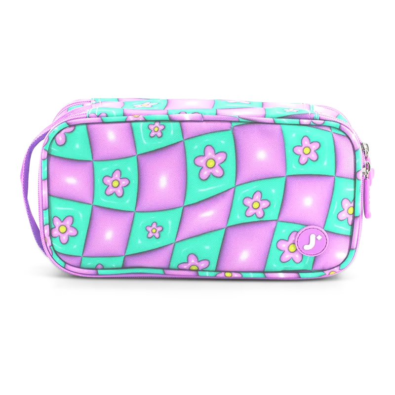 J World Doodle Pencil Case with Handle Strap in Puffy Flower — front view # color_Puffy Flower
