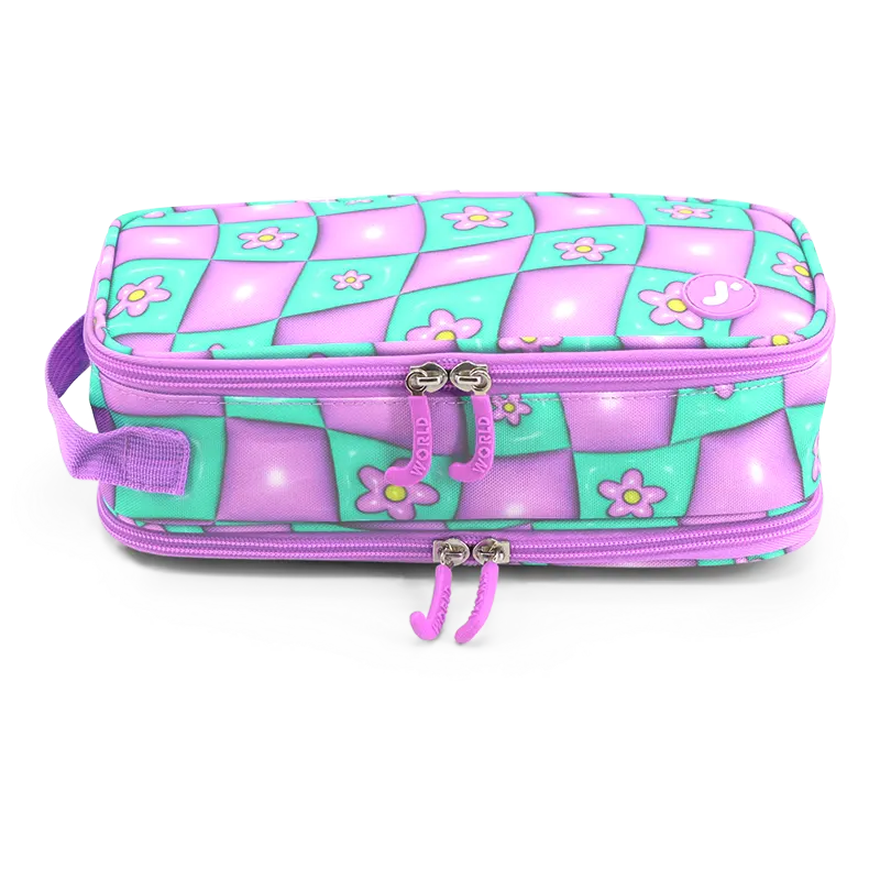 J World Doodle Pencil Case with Handle Strap in Puffy Flower — front view 2 # color_Puffy Flower