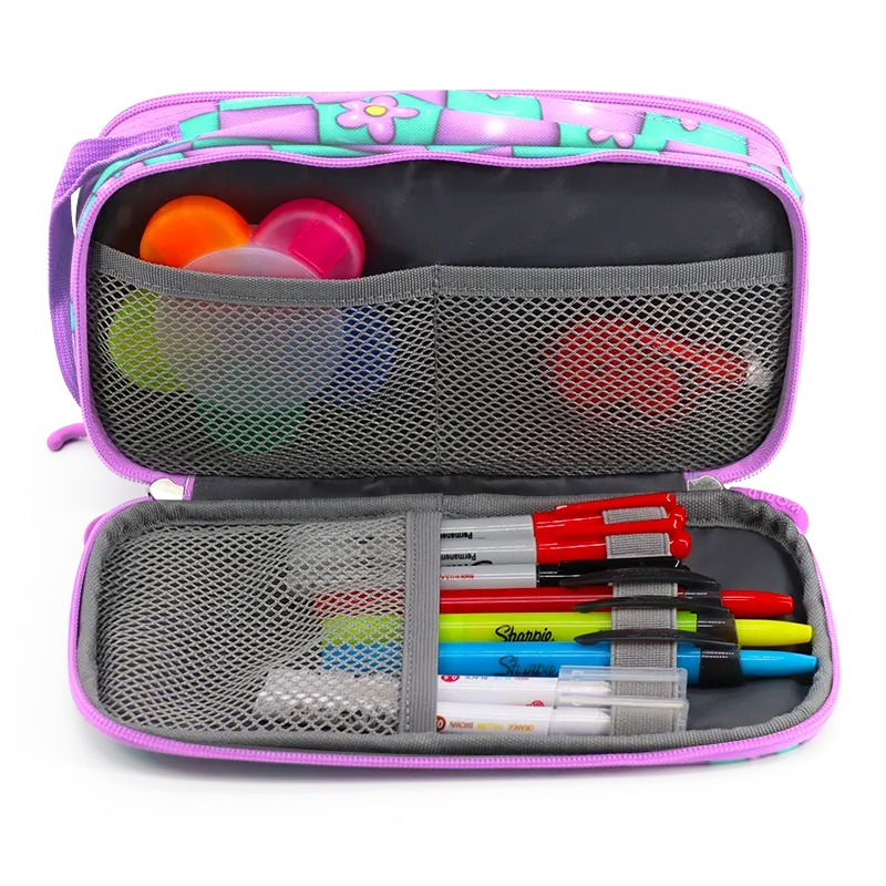 J World Doodle Pencil Case with Handle Strap in Puffy Flower — interior view 3 # color_Puffy Flower