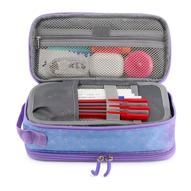 J World Doodle Pencil Case with Handle Strap in Purple Mermaid — interior view # color_Purple Mermaid