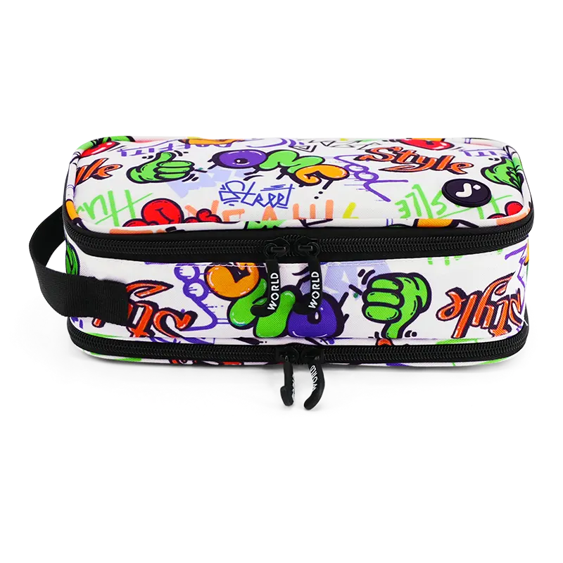 J World Doodle Pencil Case with Handle Strap in Street Art — angle view 2 # color_Street Art