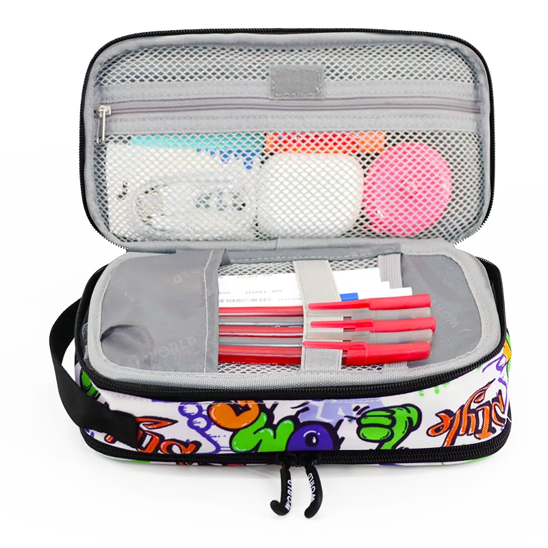 J World Doodle Pencil Case with Handle Strap in Street Art — interior view # color_Street Art