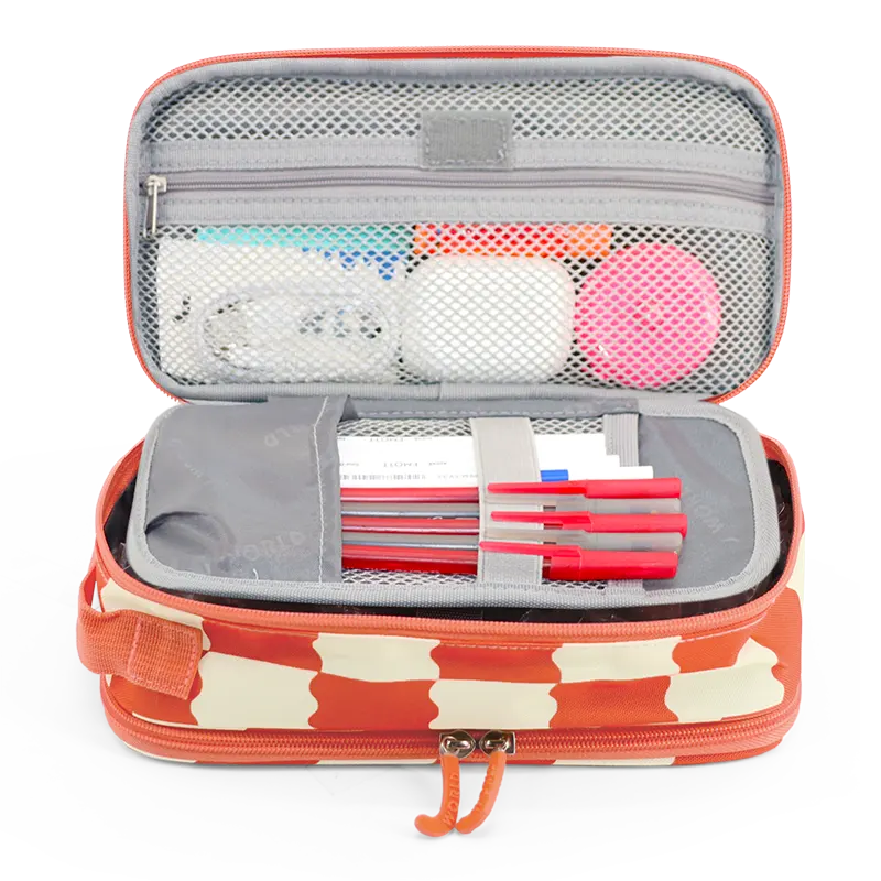 J World Doodle Pencil Case with Handle Strap in Wiggle Coral — interior view # color_Wiggle Coral