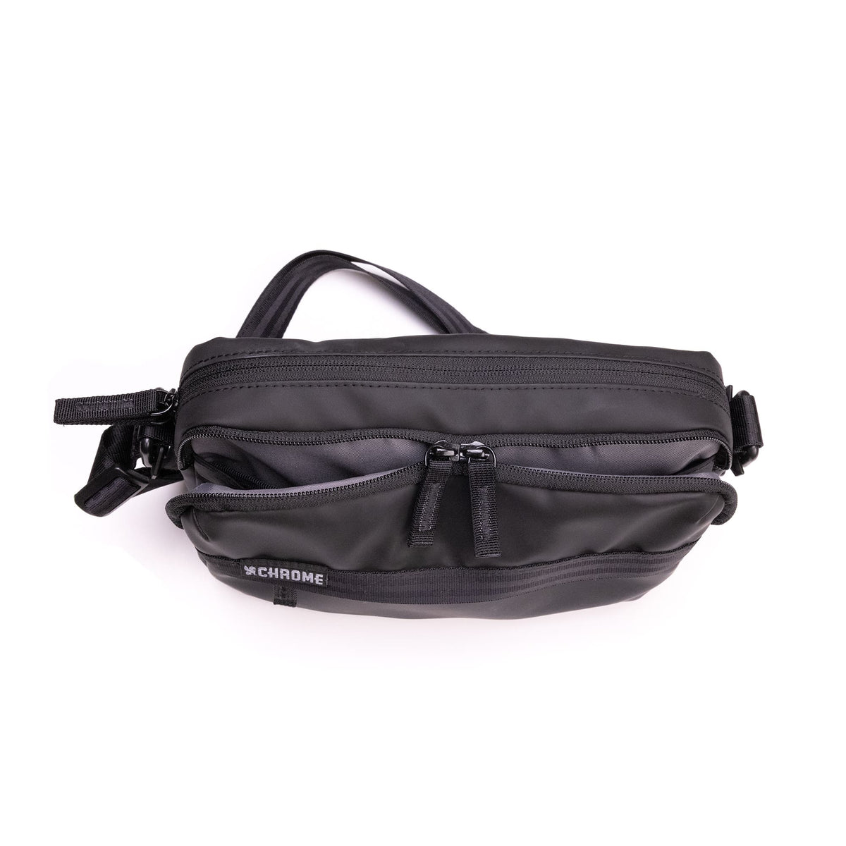 Chrome Industries Pac Shoulder Pouch 3L in Black Canvas Leather — angle view 2