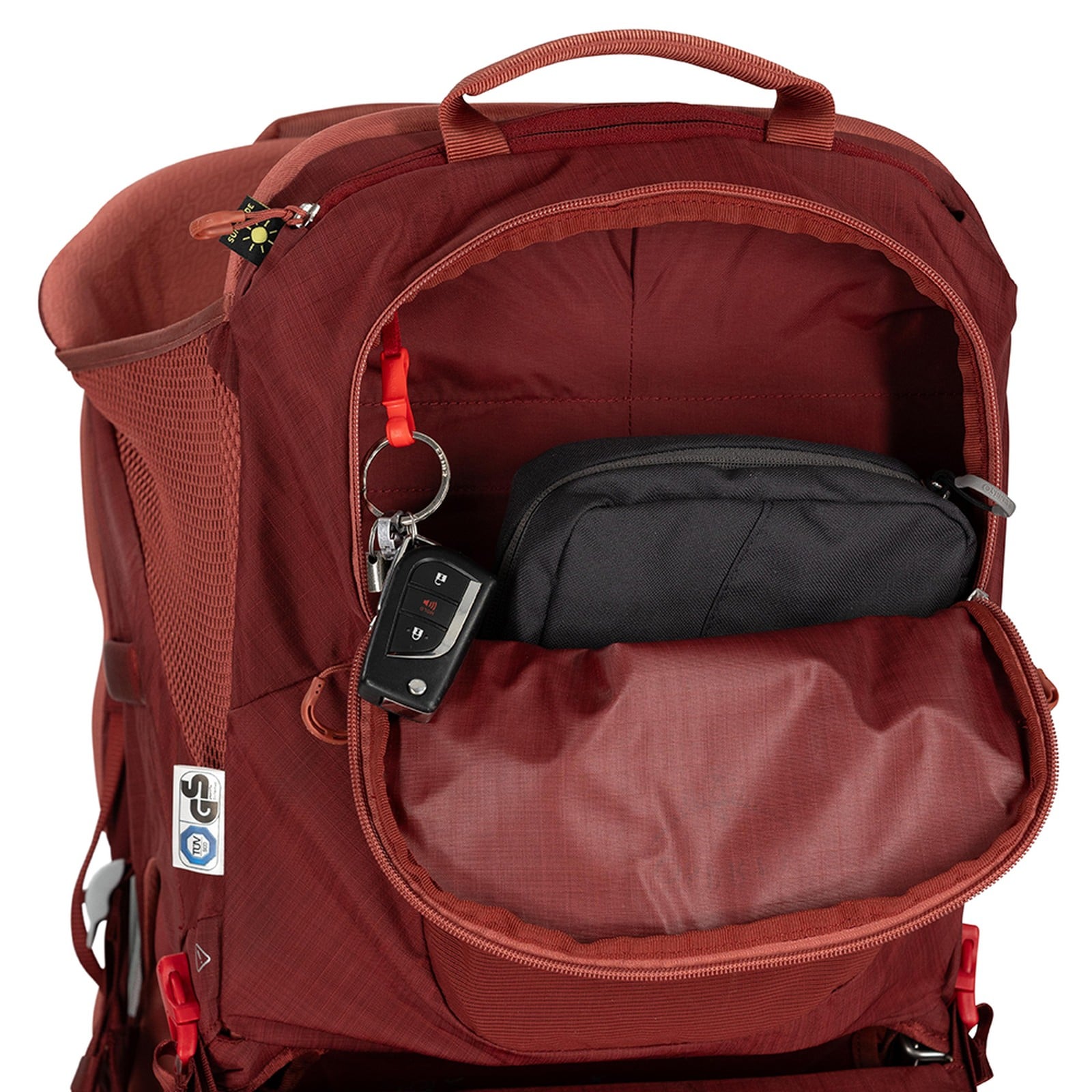 Osprey Poco LT Child Carrier 25L in Red Mountain — detail view