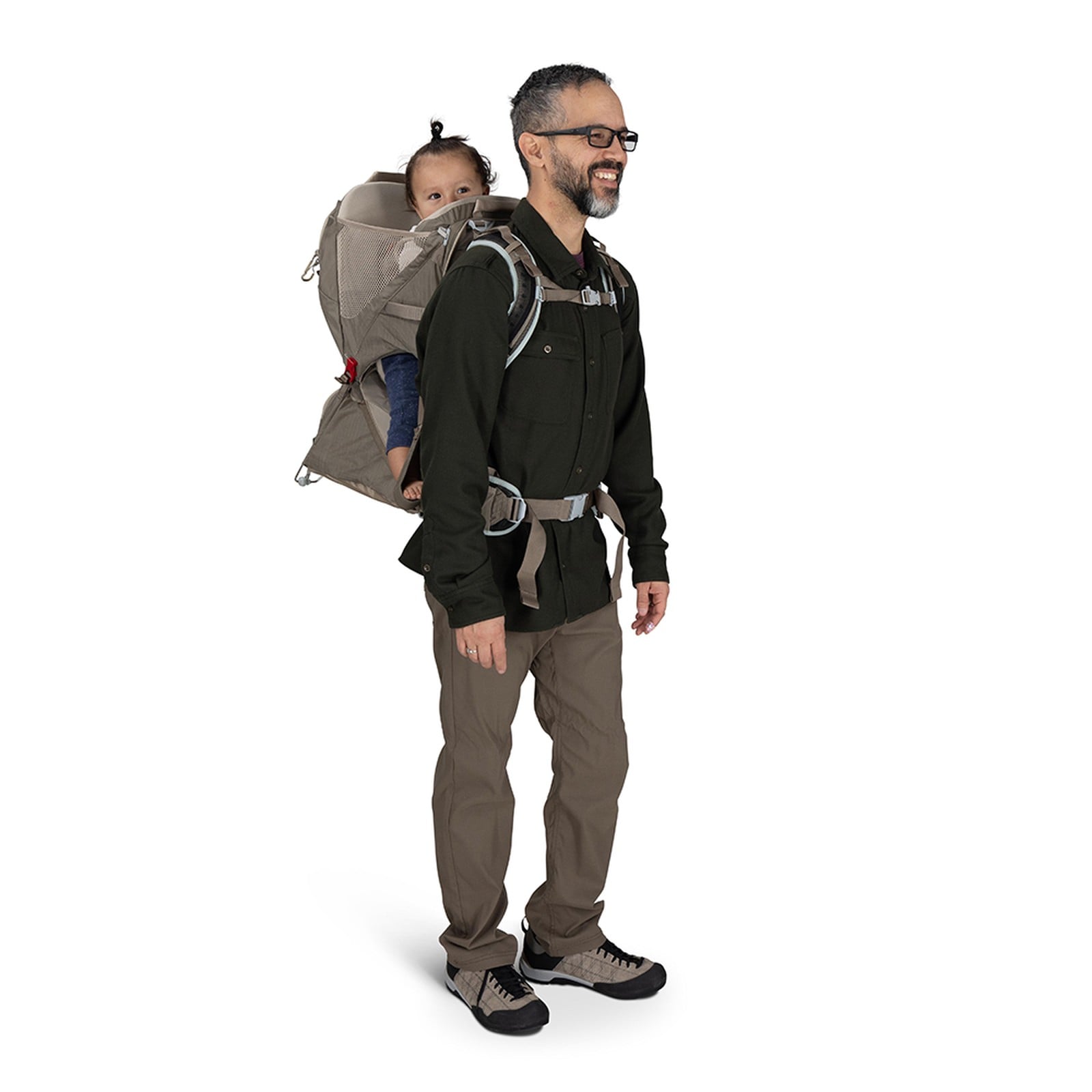 Osprey Poco LT Child Carrier 25L in Tan Concrete — lifestyle