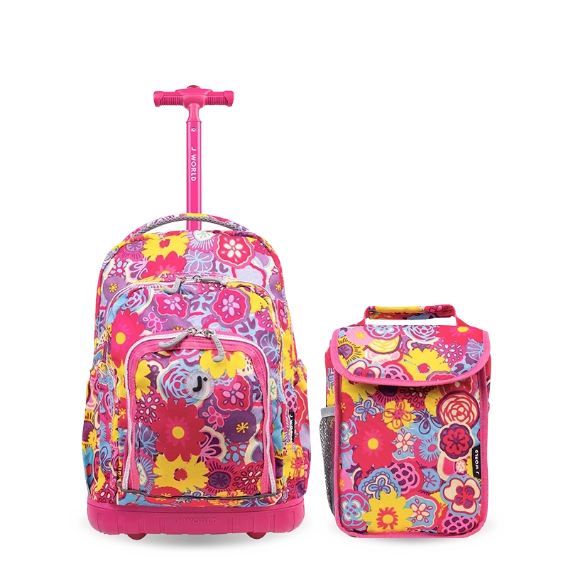 J World Lollipop Kids Rolling Backpack With Lunch Bag (16 Inch) in Poppy Pansy — front view # color_Poppy Pansy