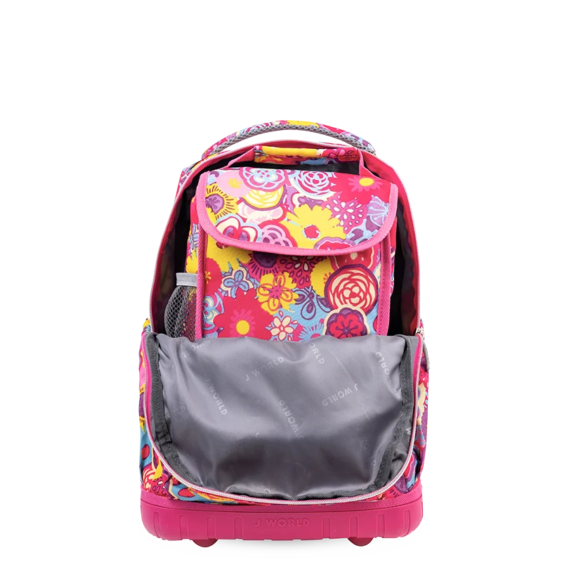 J World Lollipop Kids Rolling Backpack With Lunch Bag (16 Inch) in Poppy Pansy — angle view 3 # color_Poppy Pansy