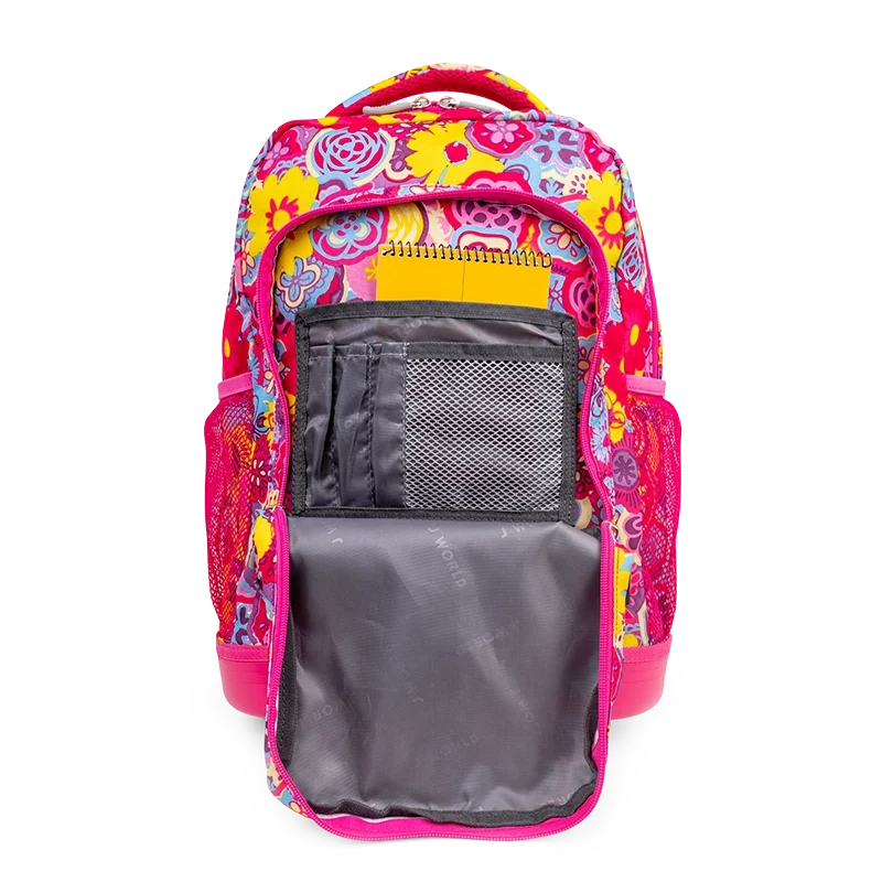 J World Sunny Rolling Backpack (17 Inch) in Poppy Pansy — detail view # color_Poppy Pansy