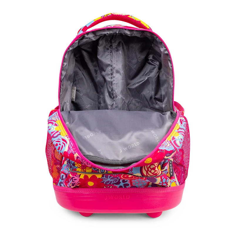 J World Sunny Rolling Backpack (17 Inch) in Poppy Pansy — interior view # color_Poppy Pansy