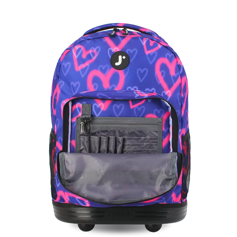 J World Sunrise Rolling Backpack (18 Inch) in Heart Spray — detail view # color_Heart Spray