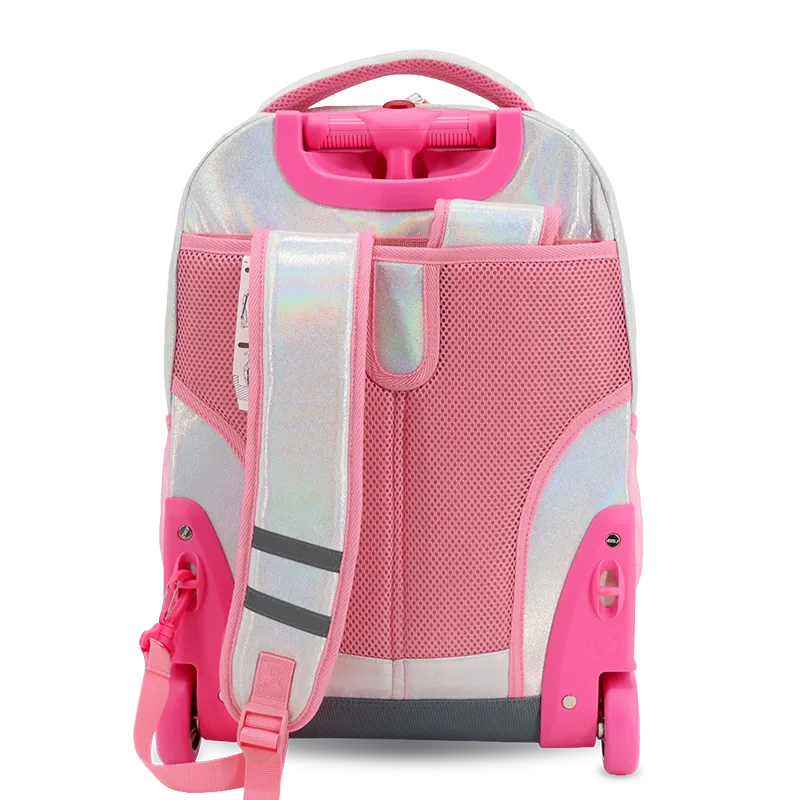 J World Sunrise Rolling Backpack (18 Inch) in Metallic Silver — back view # color_Metallic Silver