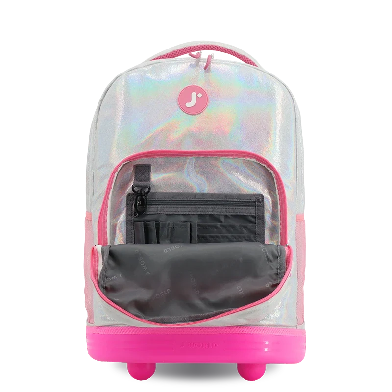 J World Sunrise Rolling Backpack (18 Inch) in Metallic Silver — detail view # color_Metallic Silver