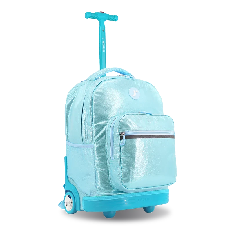 J World Sunrise Rolling Backpack (18 Inch) in Metallic Teal — angle view 2 # color_Metallic Teal