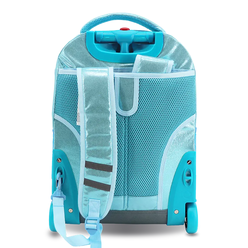 J World Sunrise Rolling Backpack (18 Inch) in Metallic Teal — back view # color_Metallic Teal