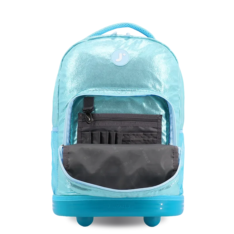 J World Sunrise Rolling Backpack (18 Inch) in Metallic Teal — detail view # color_Metallic Teal