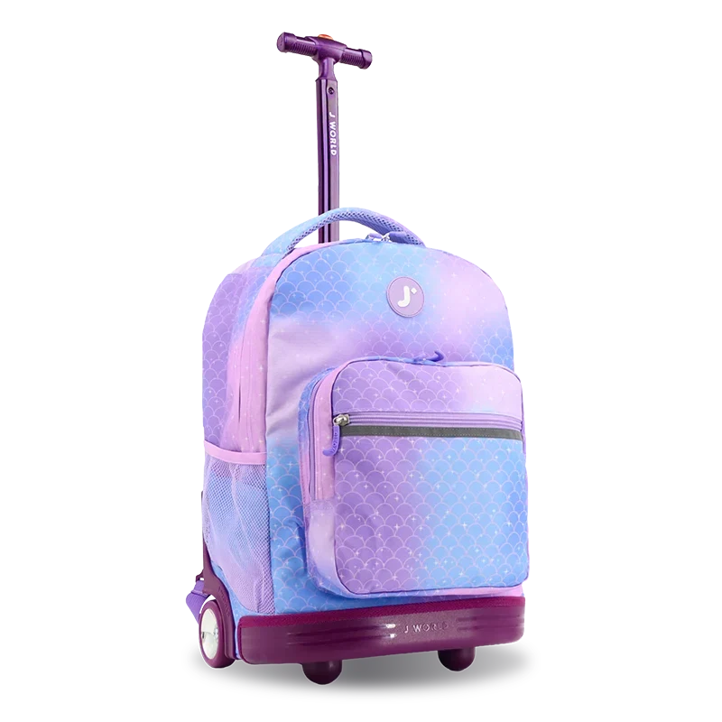 J World Sunrise Rolling Backpack (18 Inch) in Purple Mermaid — angle view 2 # color_Purple Mermaid