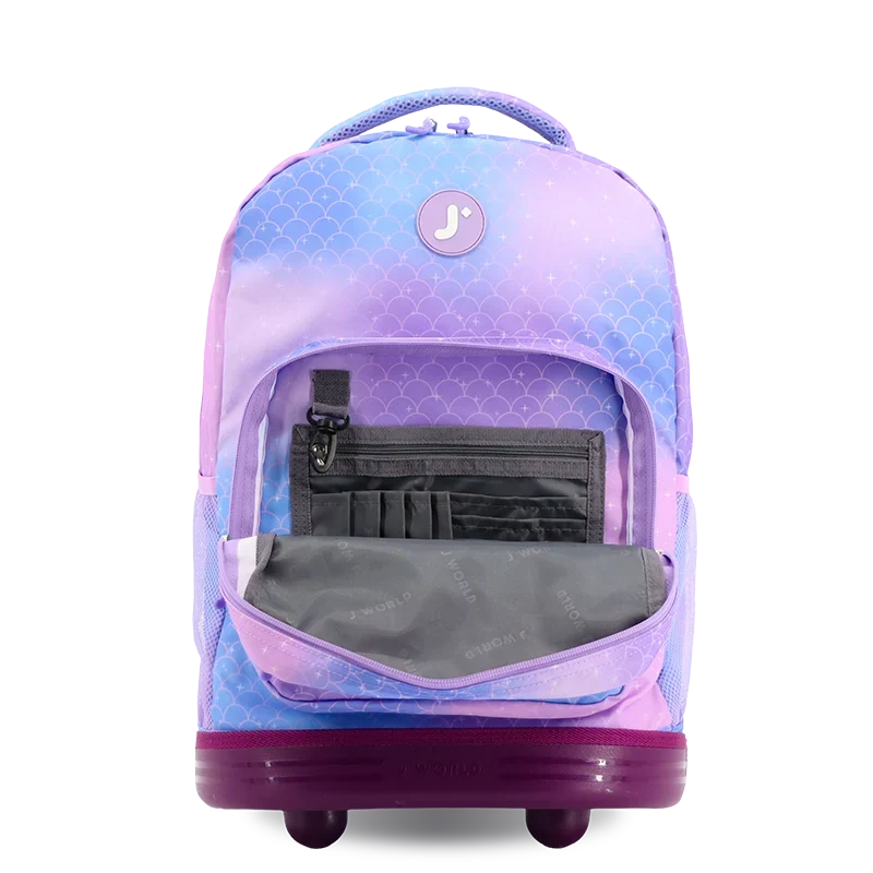 J World Sunrise Rolling Backpack (18 Inch) in Purple Mermaid — detail view # color_Purple Mermaid