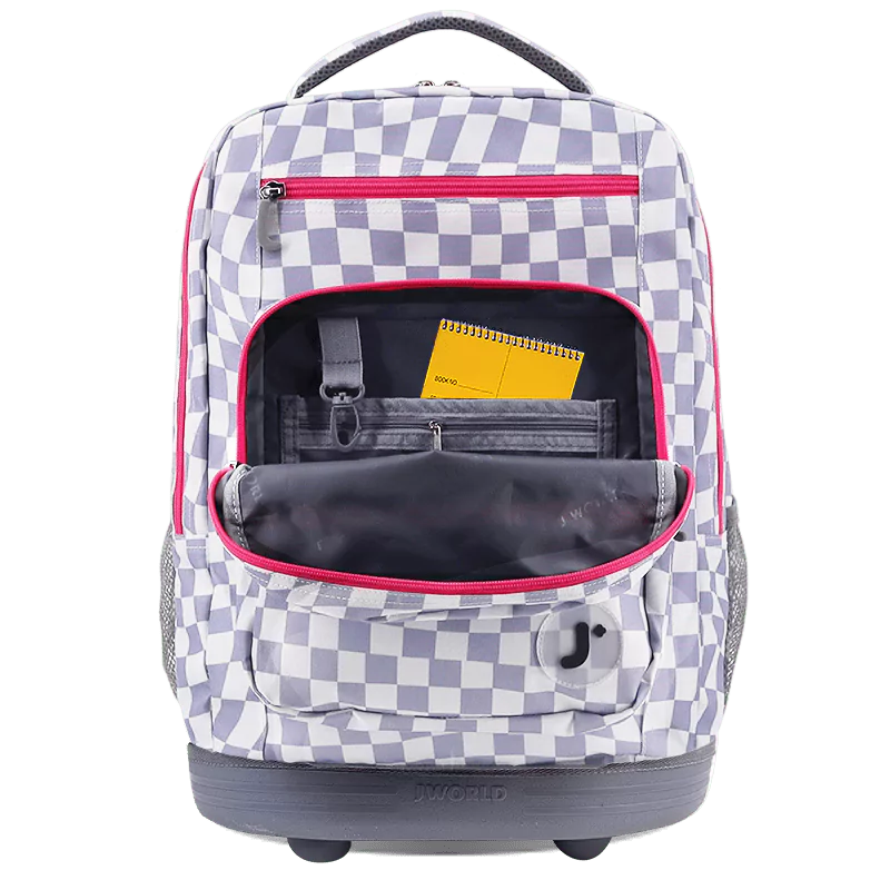 J World Sundance Laptop Rolling Backpack (20 Inch) in Lavender Checkers — detail view # color_Lavender Checkers