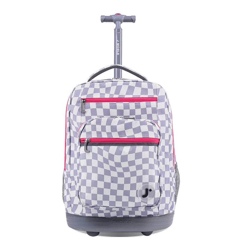 J World Sundance Laptop Rolling Backpack (20 Inch) in Lavender Checkers — front view # color_Lavender Checkers