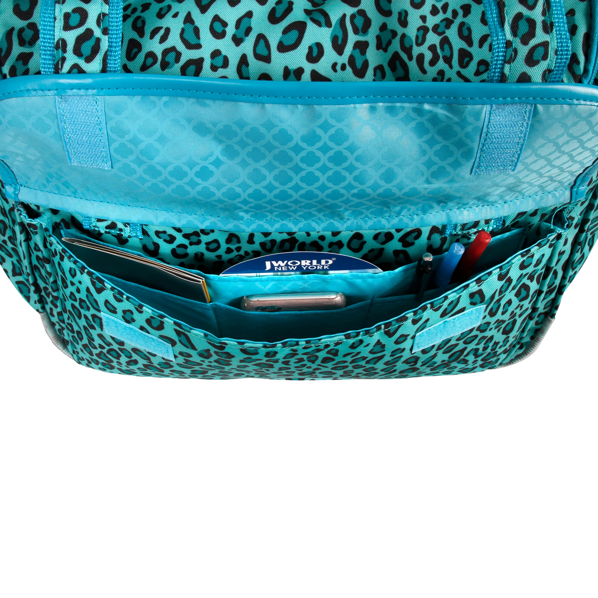 J World Donna Rolling Duffel Bag in Mint Leopard — detail view # color_Mint Leopard