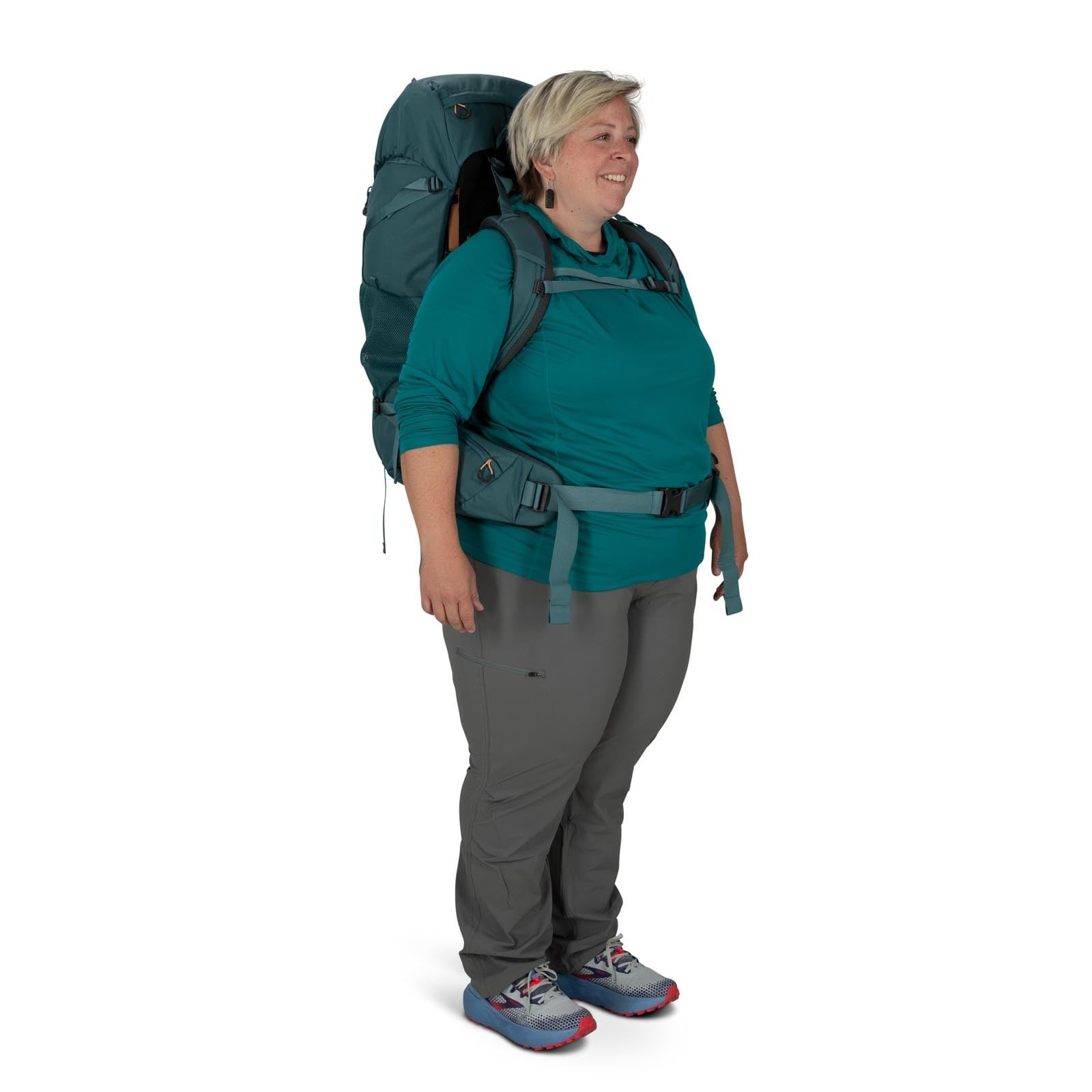 Osprey Renn 65 Extended Fit Backpacking Pack 65L in Cascade Blue/Melon Orange — lifestyle