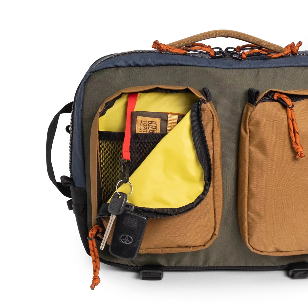 Topo Designs Global Briefcase in Olive Dark Khaki — detail view # color_Olive Dark Khaki