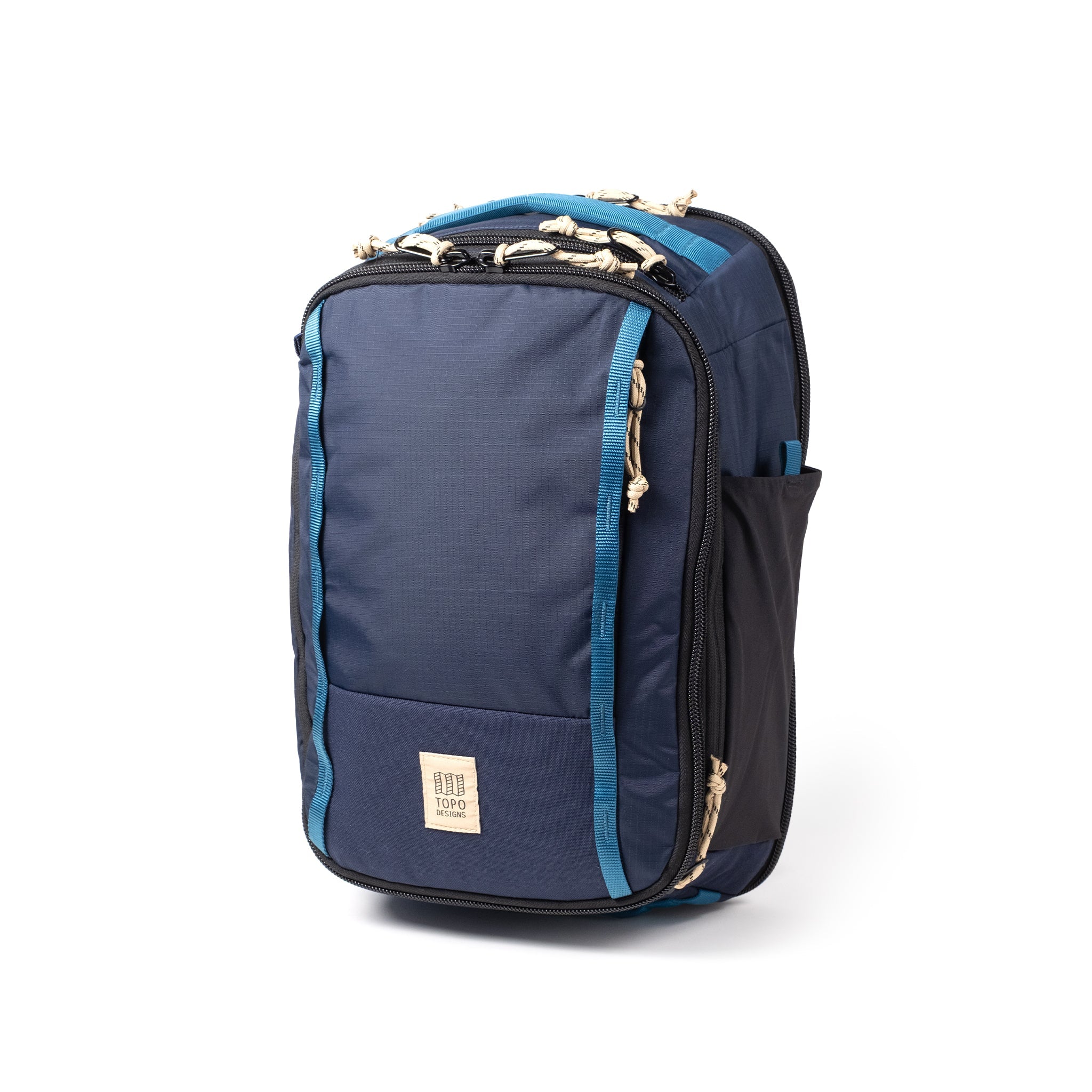 Topo Designs Global Travel Backpack in Navy Sahara — angle view 2 # color_Navy Sahara