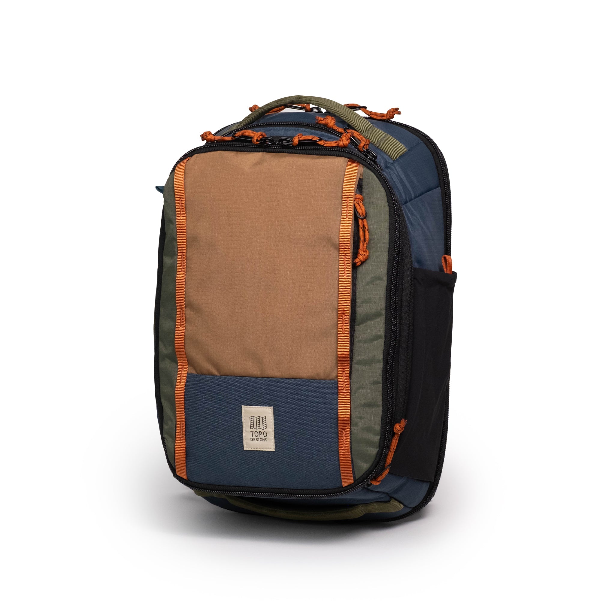 Topo Designs Global Travel Backpack in Olive Dark Khaki — angle view 2 # color_Olive Dark Khaki